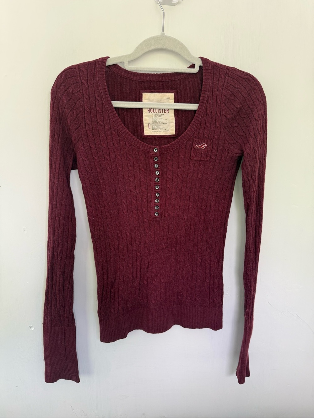 Vintage Y2K Hollister Large Cable Knit Henley Sweater Burgundy Bella